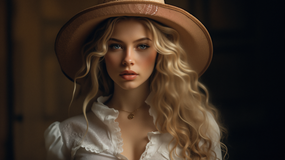 欧美金色长卷发戴帽美女图片